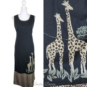 Vintage Leopard Giraffe Cheetah Black Maxi Dress Medium Animal Print Women Linen